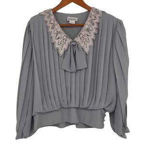 Vintage 80s In The Mood Women's Blouse Skirt Set Medium Gray Pleated Bow Retro